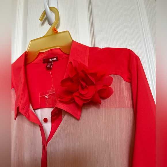 Two-tone, orange & beige, sheer tunic, long sleeve top & matching floral pin. 1X - Picture 5 of 12